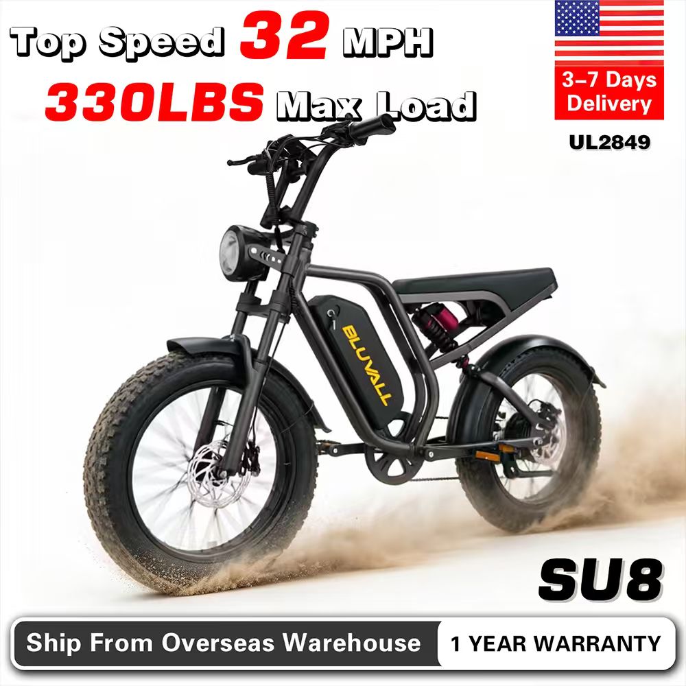 Commuting On Road Bike - Bluvall Su8パック 1500W/2000W 85N.m/100N.mモーター電動自転車、20インチ*4.0ファットタイヤ電動自転車（ティーンエイジャー向け）、48V 16Ah着脱式バッテリー、最大60マイルの航続距離、32/35MPH電動自転車、フルサスペンション、7速、全地形対応オフロード通勤用電動自転車