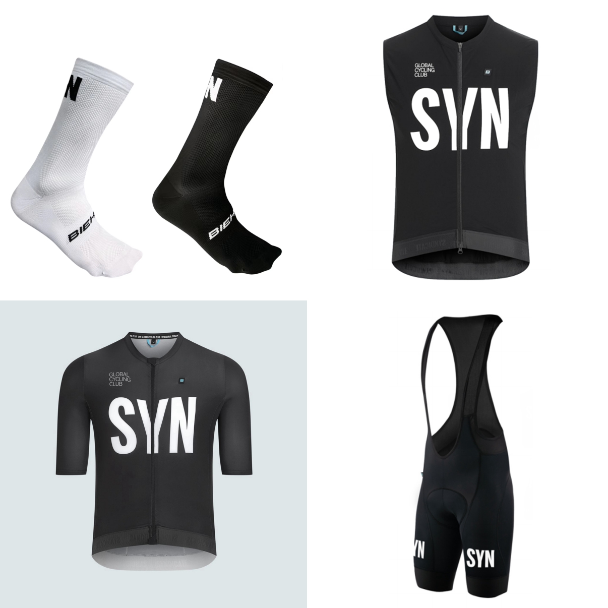 Cycling Community - 夏用半袖自転車スーツ 2026 ブラックブルー SYN 便利なサイクリングジャージとビブショーツ 4点セット