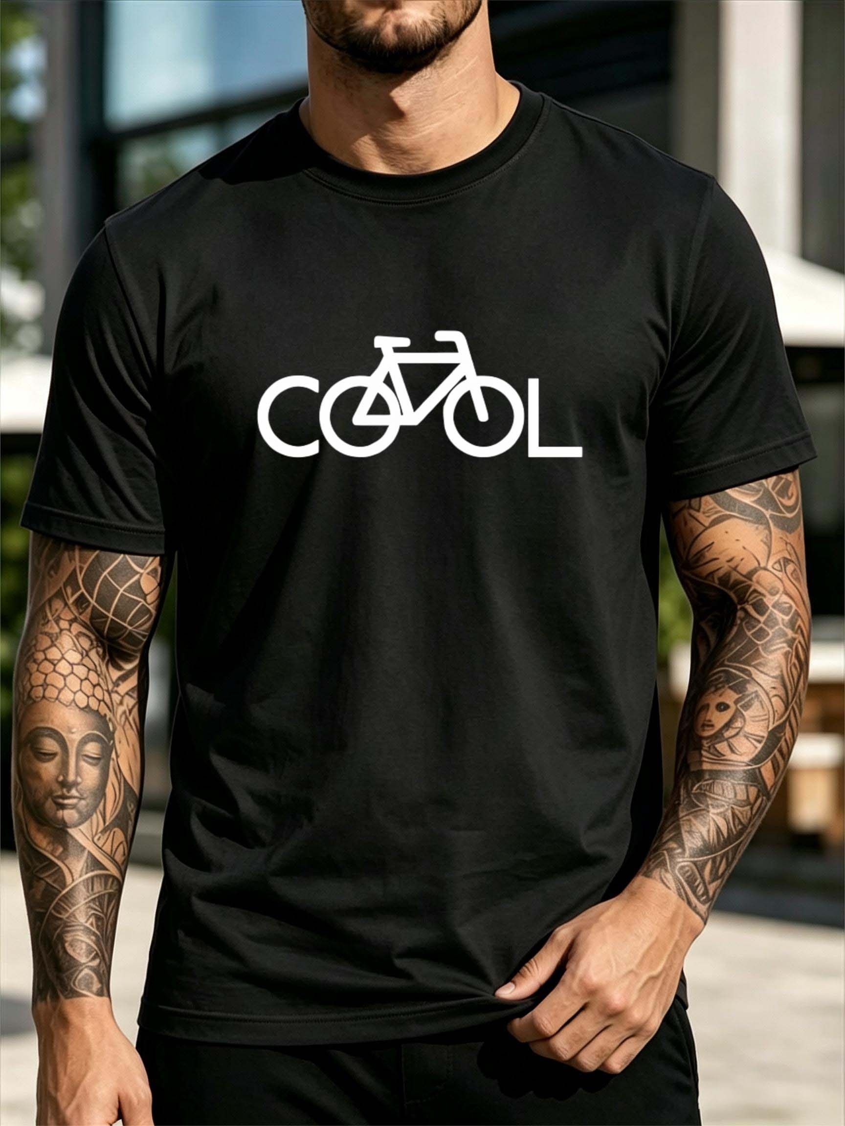 メンズラウンドネック半袖Tシャツ、黒と白の配色、クールなレタ - Cycling In City のレビューと価格